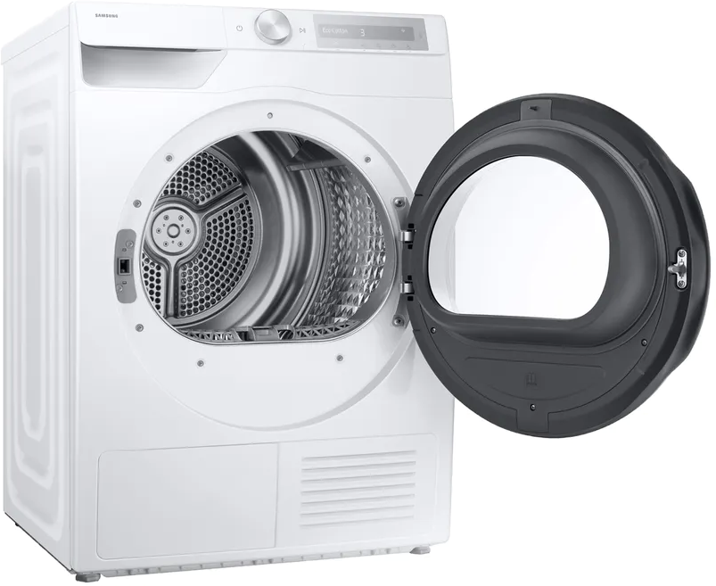 Eine weiße Samsung-Waschmaschine mit geöffneter Tür und Blick in die Trommel.