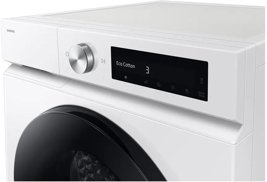 Weiße Waschmaschine mit silbernem Drehknopf und digitalem Display, das 'Eco Cotton 3' anzeigt.