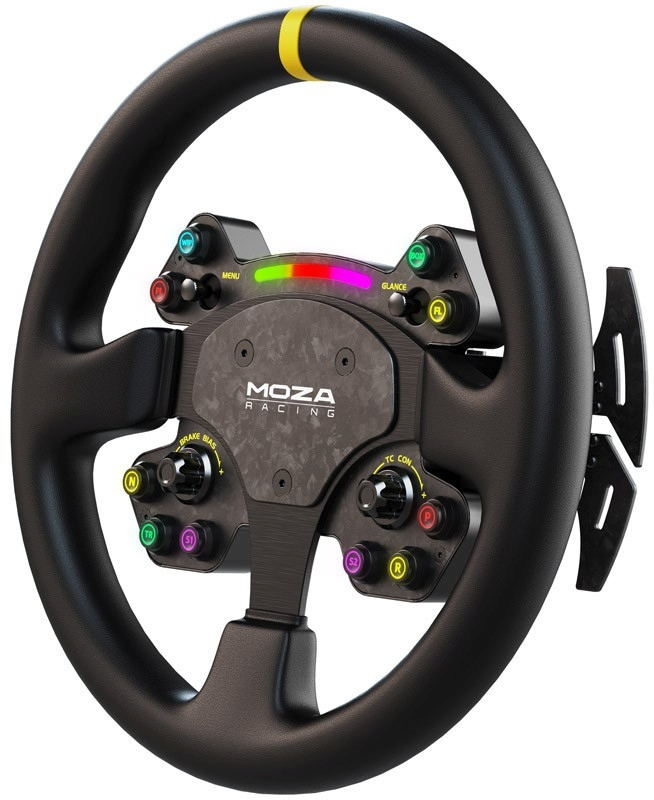 Volante da corsa nero con striscia gialla, pulsanti e LED.