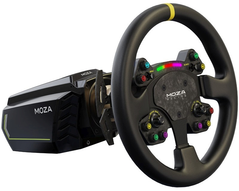 Un volante da corsa nero con accenti in carbonio e numerosi pulsanti.