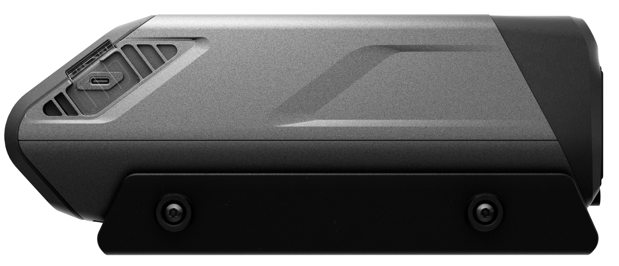 Szürke elektronikai eszköz USB-C porttal és szellőzőnyílásokkal.