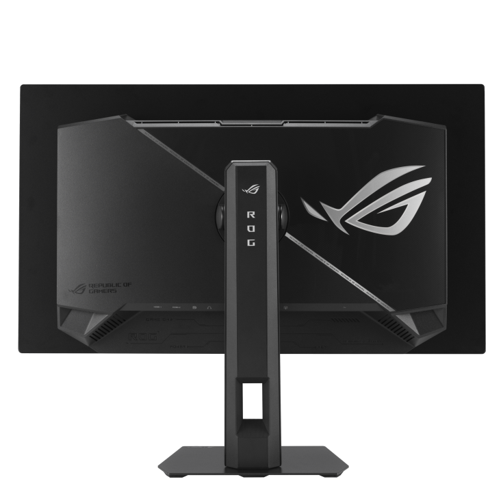 Rückseite eines schwarzen Gaming-Monitors mit ROG-Logo und "Republic of Gamers"-Schriftzug.