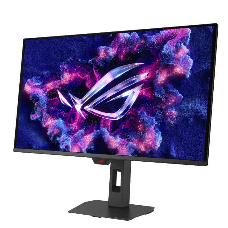 Ein Gaming-Monitor zeigt einen lebendigen, abstrakten Hintergrund mit einem prominenten Chrom-Logo.