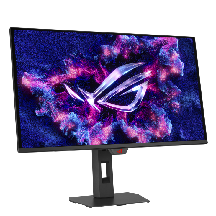 Ein moderner Monitor zeigt einen lebendigen abstrakten Hintergrund mit einem metallischen Logo auf seinem Bildschirm.
