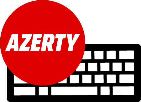 Rode cirkel met witte tekst AZERTY boven een wit toetsenbord op zwarte achtergrond.