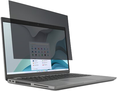 Laptop adatvédelmi szűrővel, Windows 11 kezdőmenü látható rajta.