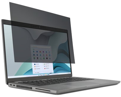 Laptop adatvédelmi szűrővel, amely elsötétíti a kijelzőt és korlátozza a látóteret.