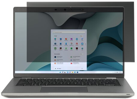 Laptop privát szűrővel. A Start menü nyitva van a kijelzőn.