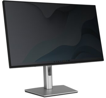 Egy elegáns számítógép monitor ezüst állvánnyal és sötét háttérrel.