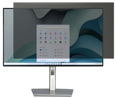 Egy monitor adatvédelmi szűrővel, amely a Windows 11 Start menüt jeleníti meg.