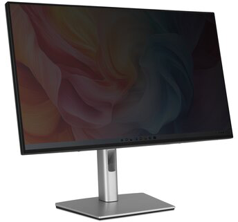 Egy modern, elegáns monitor ezüst állvánnyal és absztrakt, színes háttérképpel.