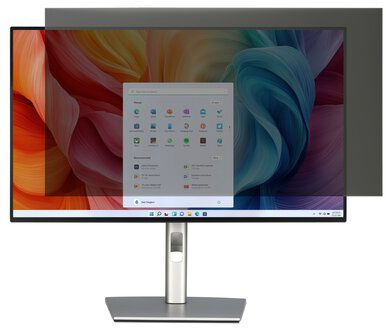 Egy monitor absztrakt hátteret és egy nyitott Windows menüt jelenít meg.