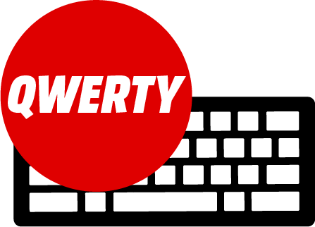 Rode cirkel met witte tekst QWERTY en een wit toetsenbord-icoon.