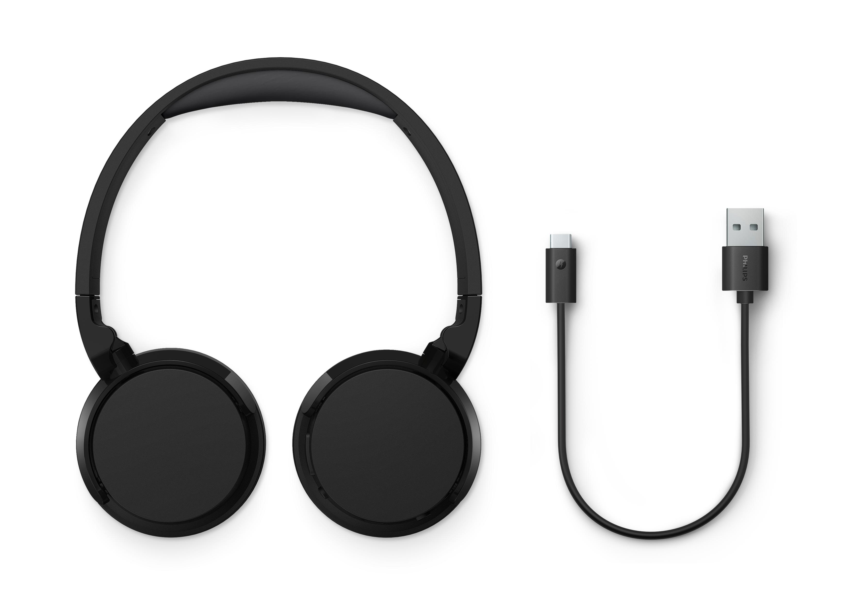 Schwarze Kopfhörer und ein USB-Kabel mit USB-A- und USB-C-Anschluss.