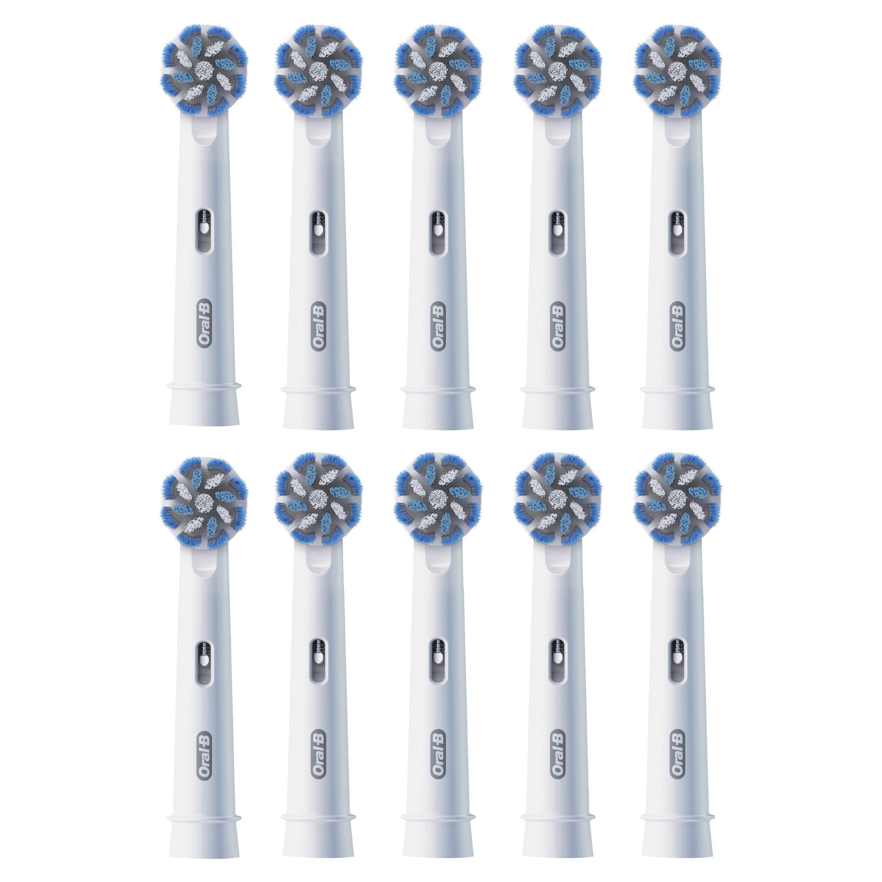 Zehn weiße Oral-B Aufsteckbürsten mit blauen und weißen Borsten.
