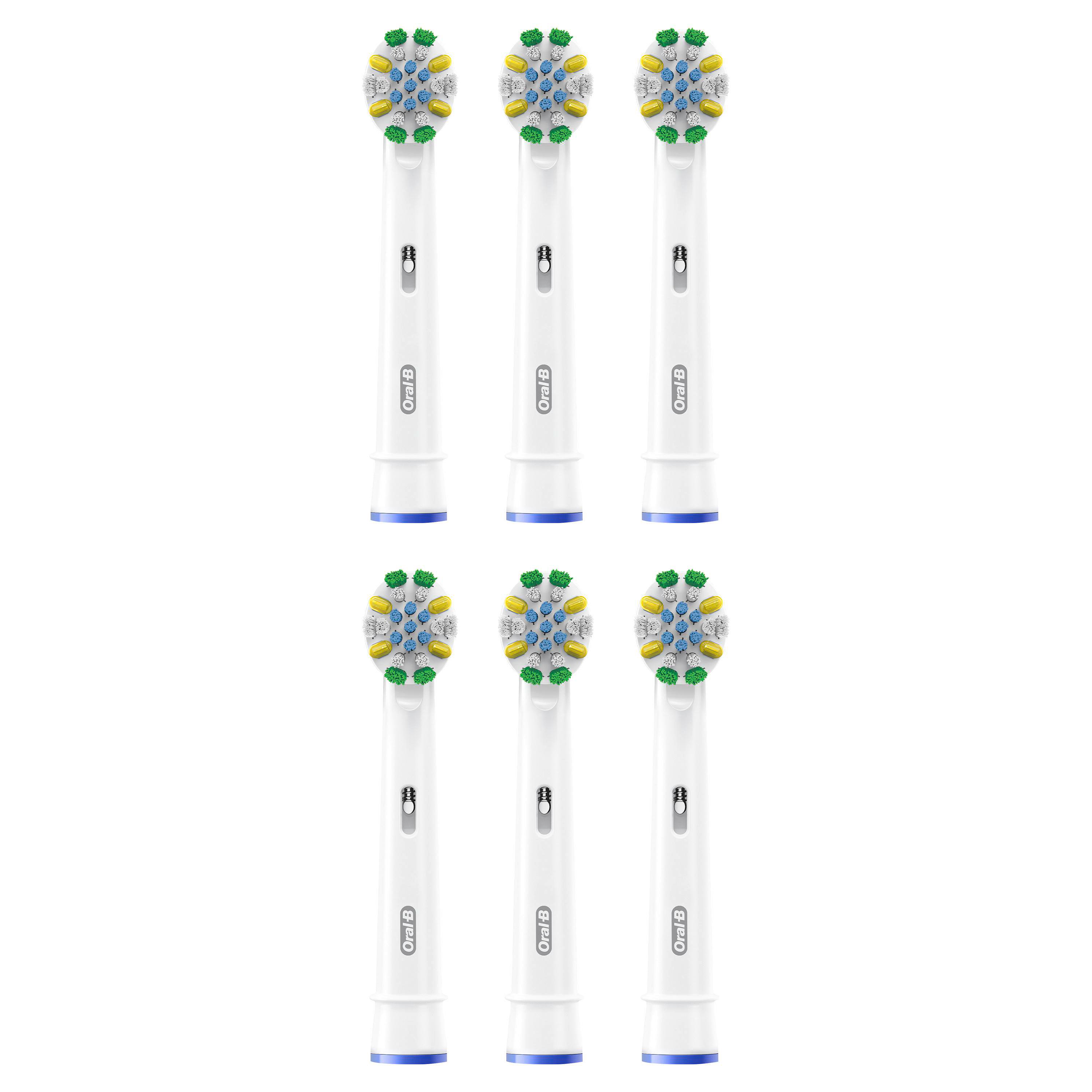 Sechs weiße Oral-B Aufsteckbürsten mit blauen, gelben und weißen Borsten.