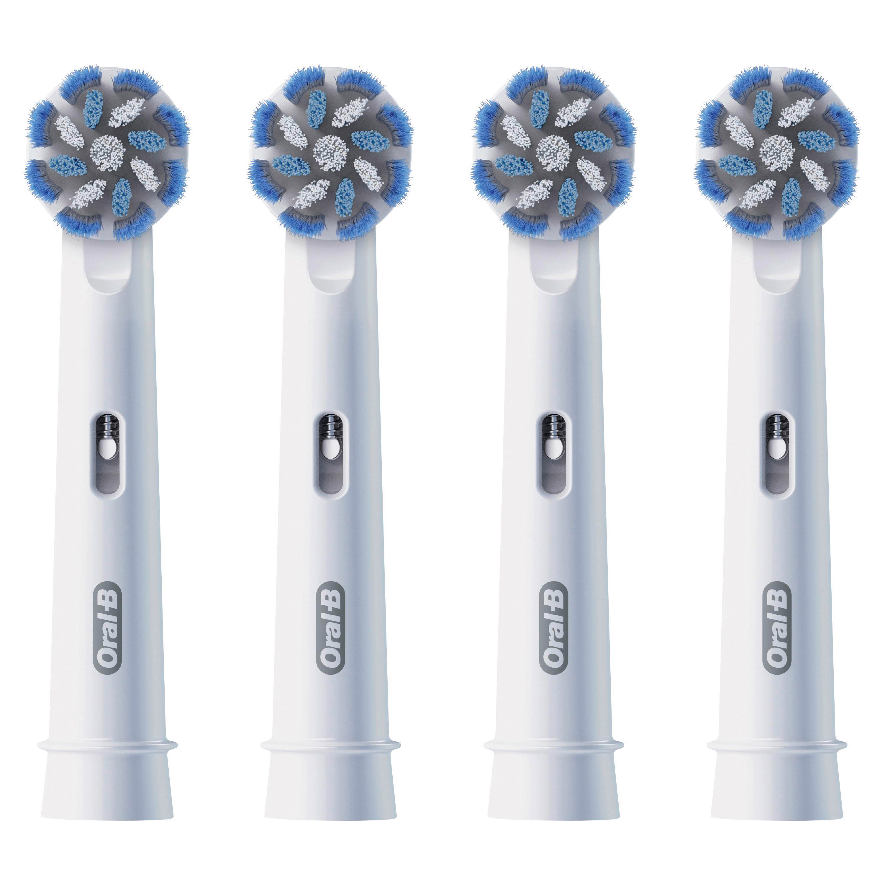 Vier weiße Oral-B Aufsteckbürsten mit blauen und weißen Borsten nebeneinander.