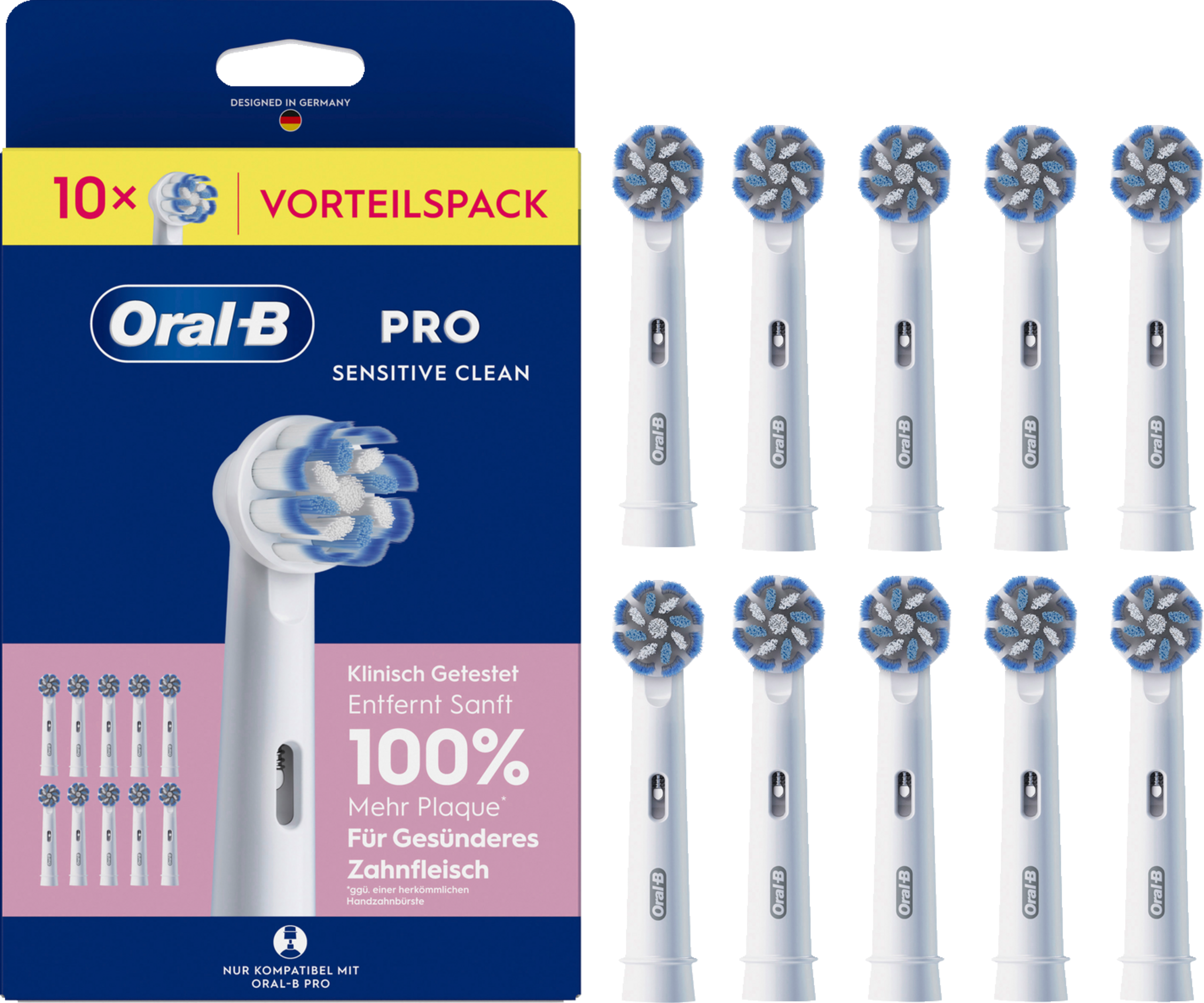 Packung mit 10 Oral-B Pro Sensitive Clean Aufsteckbürsten, weiß mit blauen Borsten.