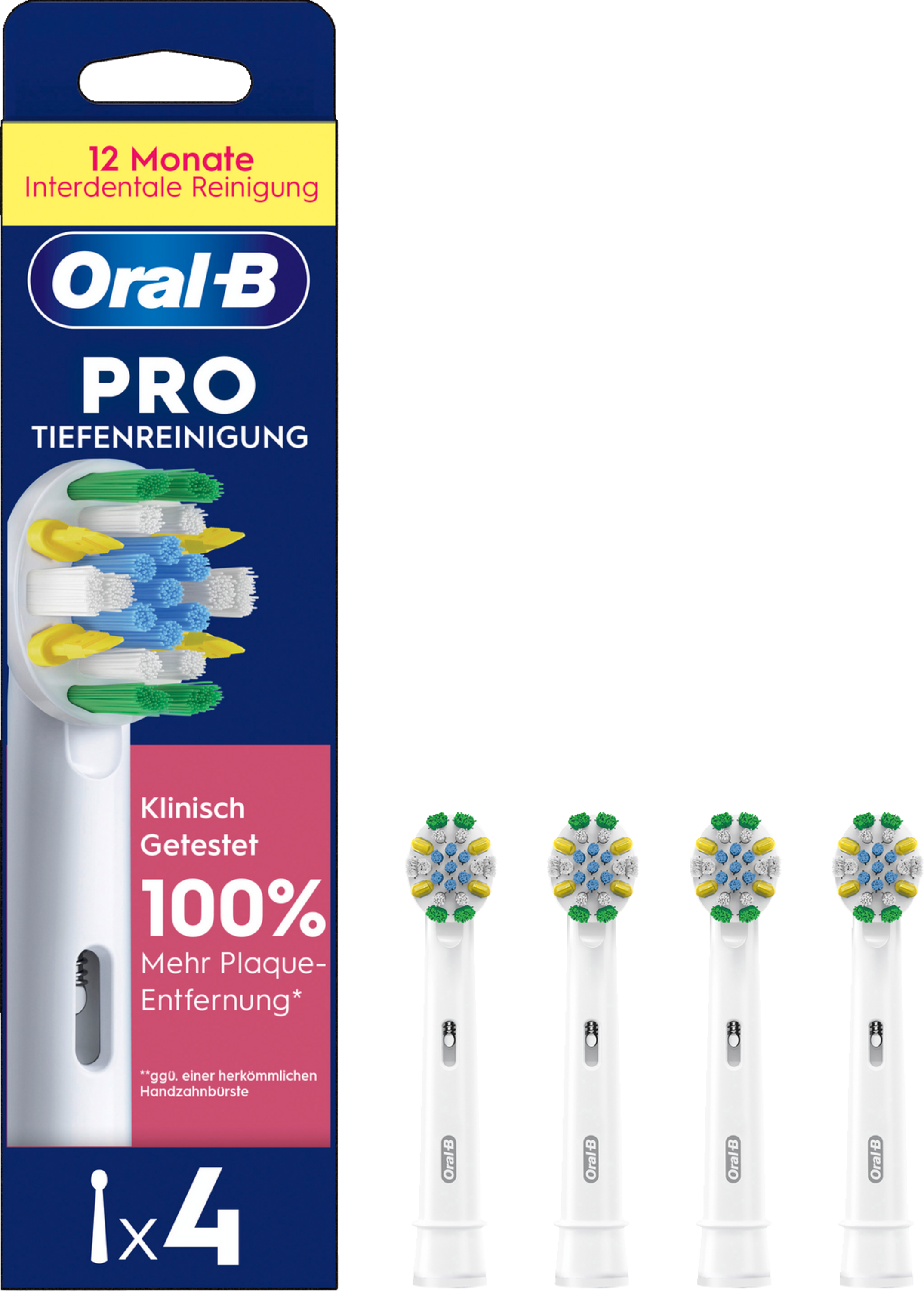Oral-B PRO Verpackung mit 4 Aufsteckbürsten, klinisch getestet.