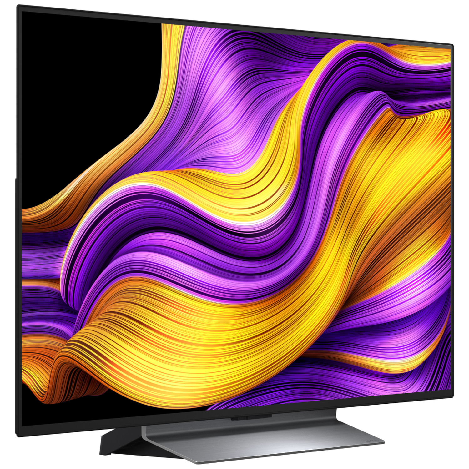 Een moderne tv met een abstract, golvend patroon in paars en geel.