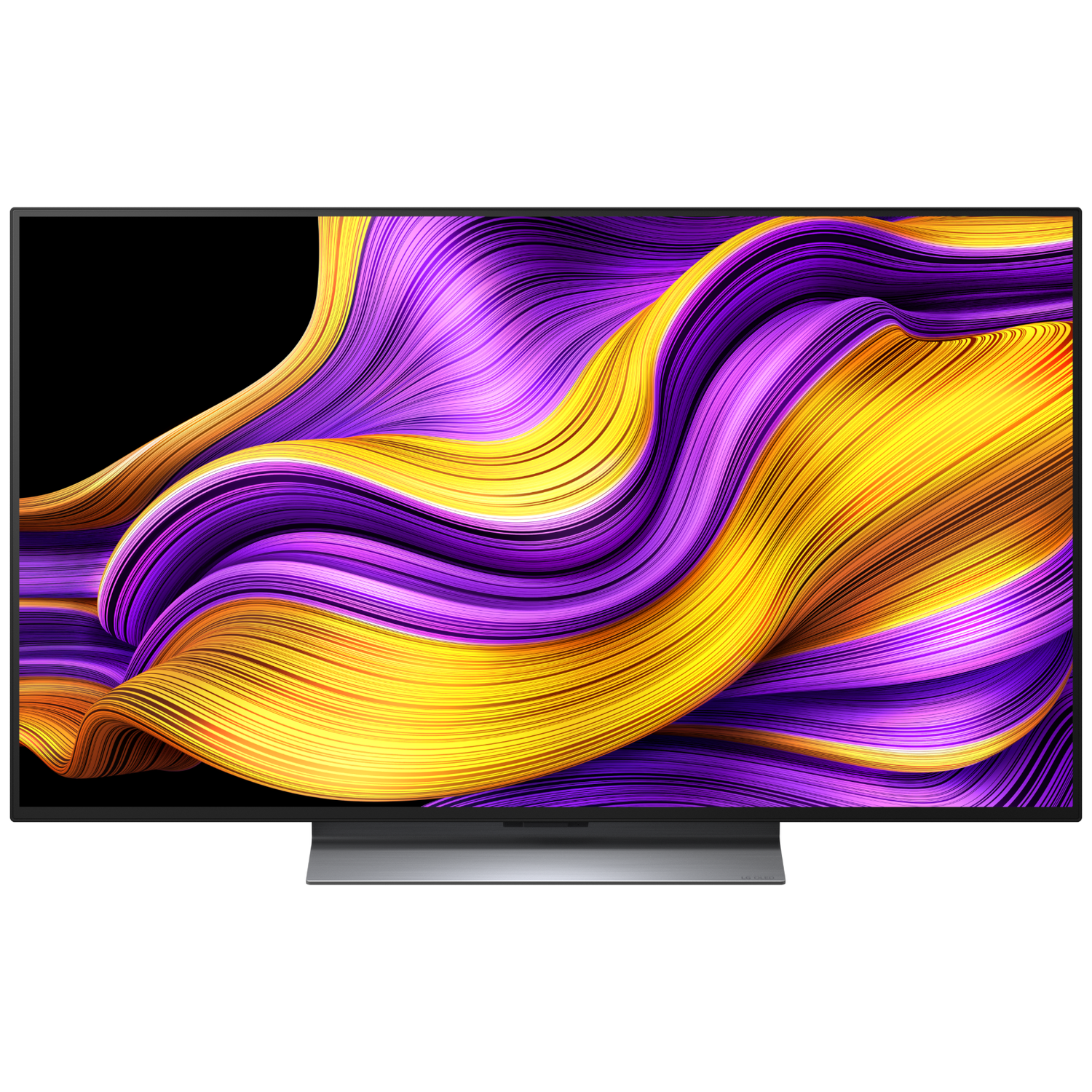 Moderne televisie met een levendig paars en geel golvend abstract patroon op het scherm.