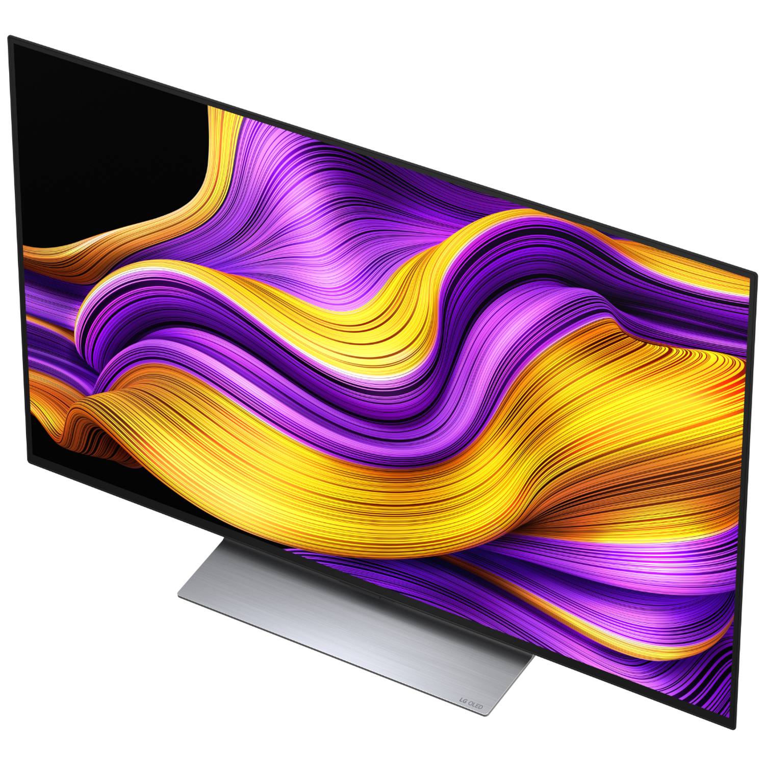 Een moderne tv met een abstracte weergave van paarse en gele golven.