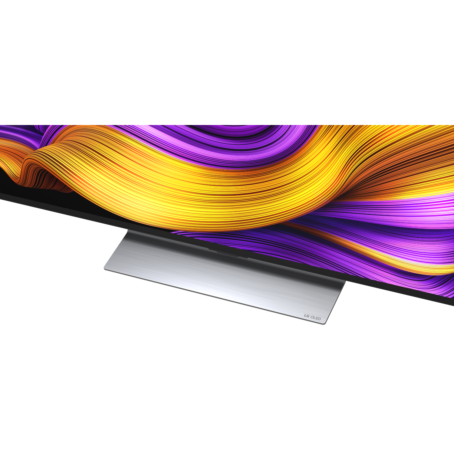 Een zilveren standaard met LG OLED-logo ondersteunt een tv met levendige, abstracte afbeelding.