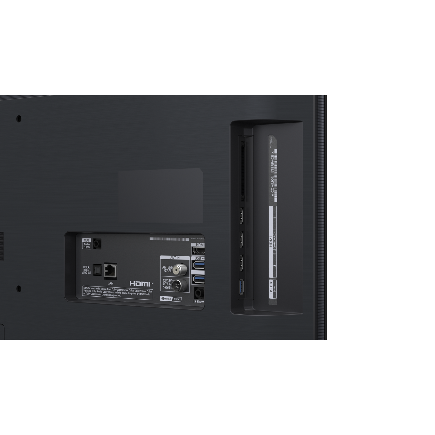 Achterkant van een tv met poorten: LAN, HDMI, USB, Antenne, Optische digitale audio-uitgang.