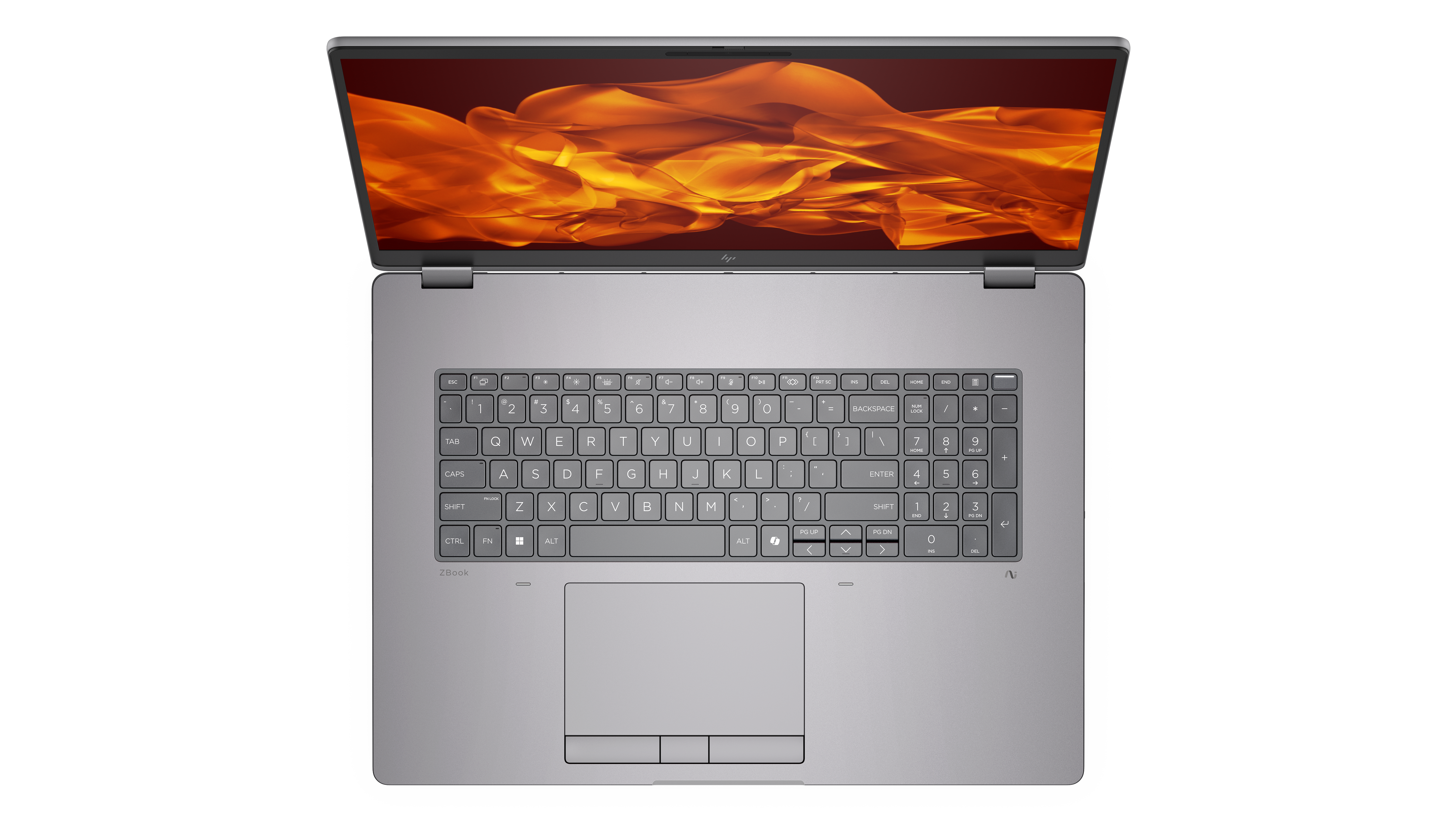 Ein offener, grauer Laptop mit einer Tastatur und einem Touchpad. Der Bildschirm zeigt ein orangefarbenes Flammenmuster.
