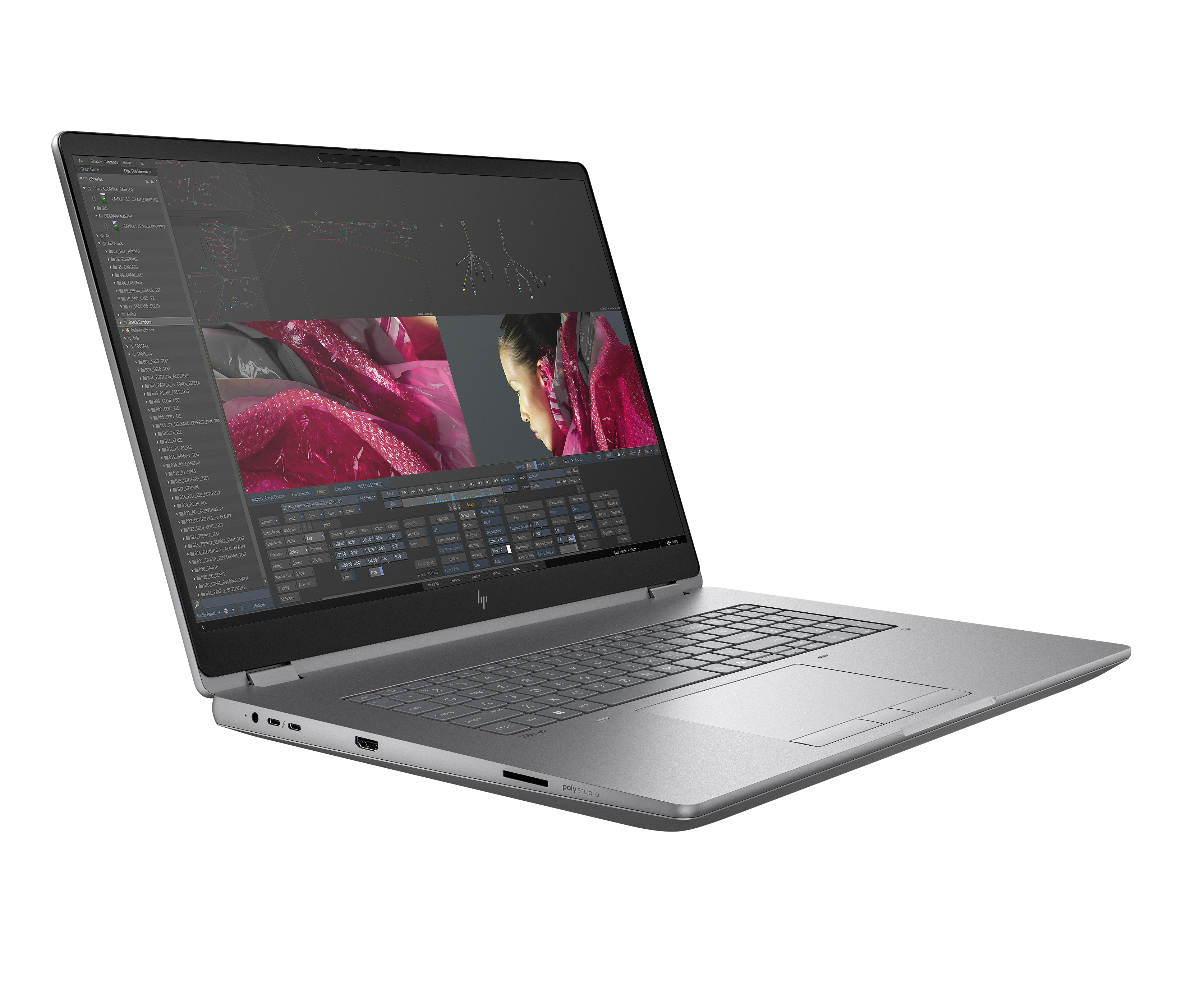 Ein silberner Laptop mit geöffnetem Bildschirm, der eine komplexe Software mit Grafiken anzeigt.