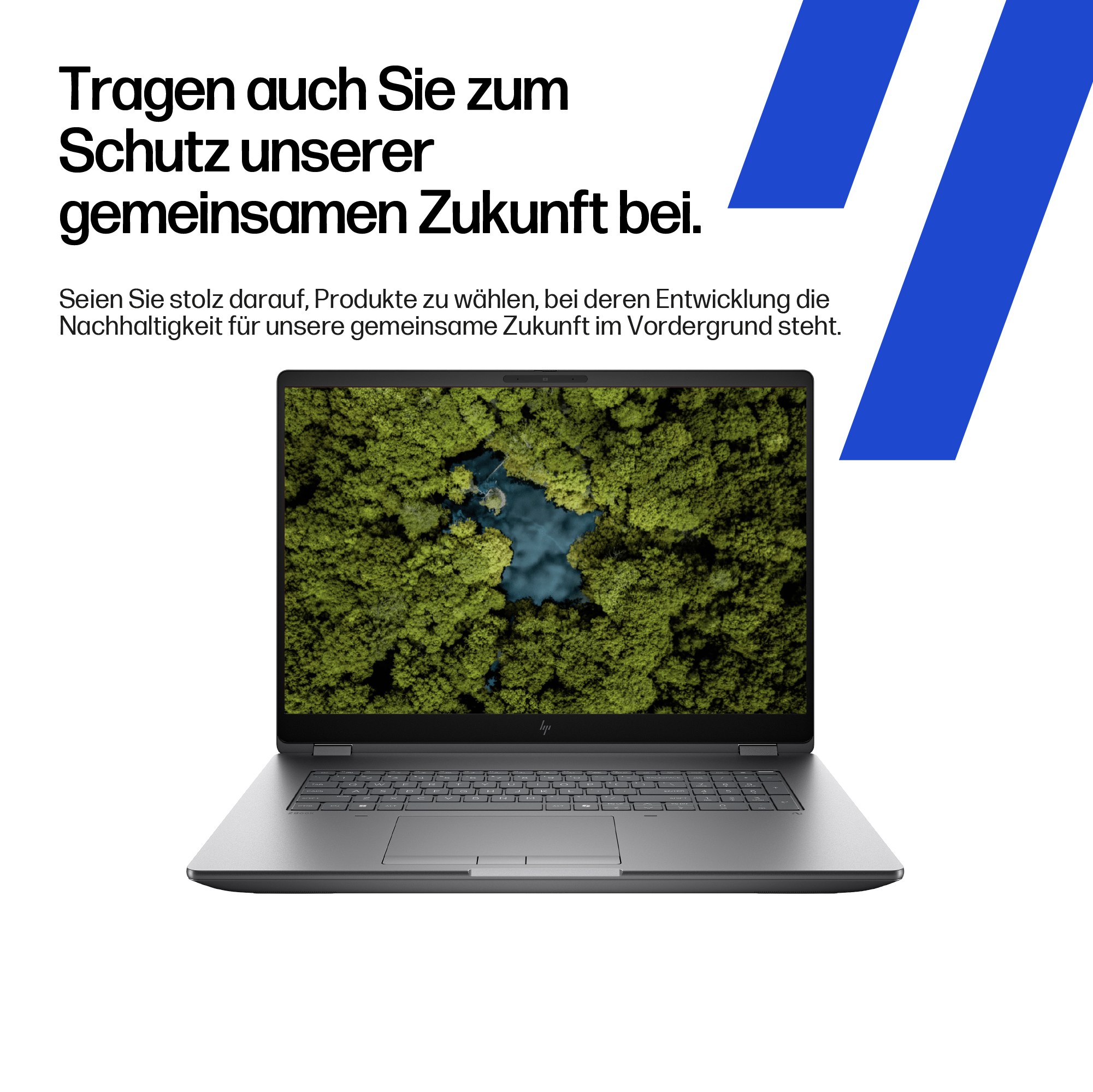 Ein offener Laptop zeigt ein Bild eines Waldes mit einem See.