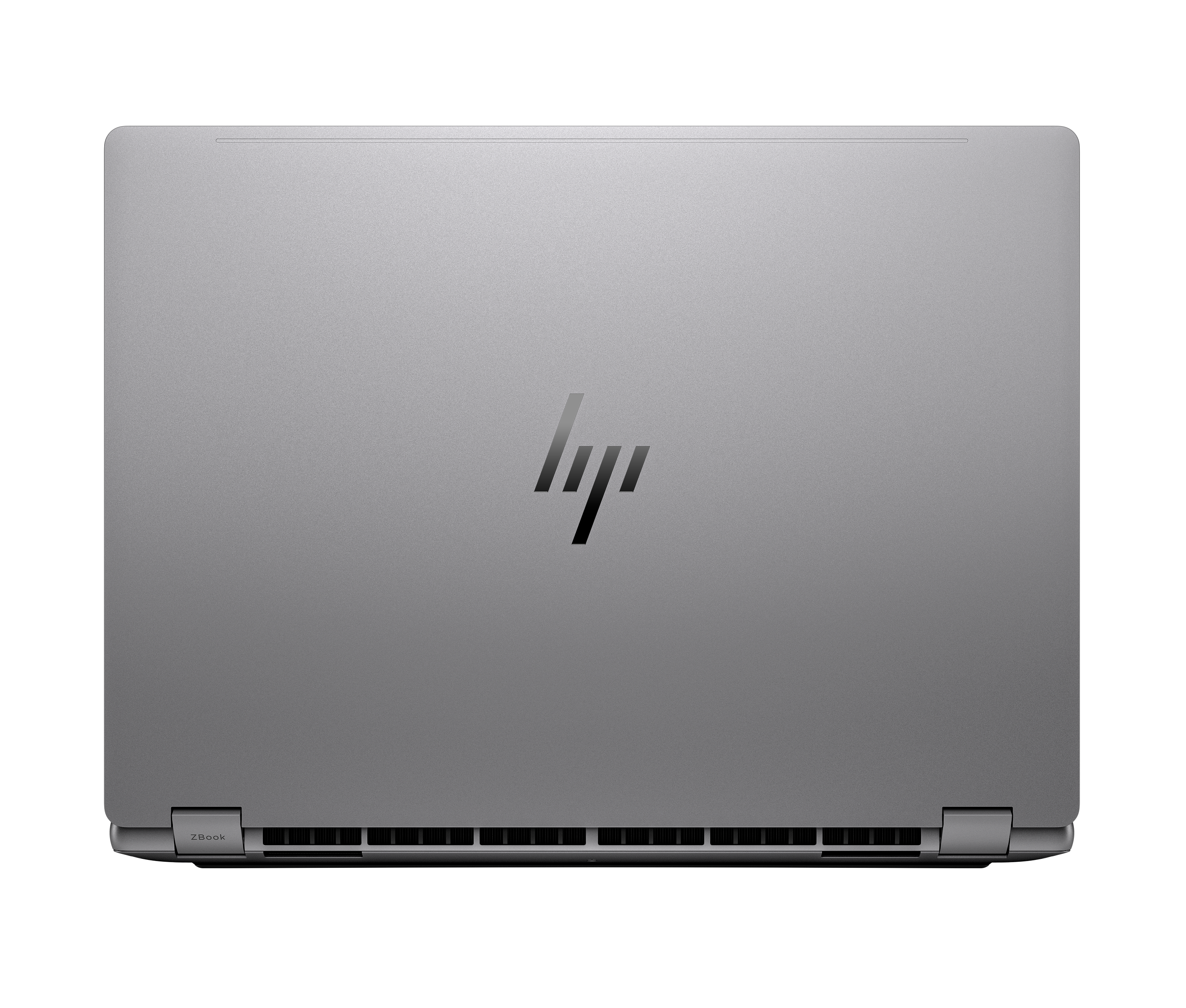 Geschlossener silberner Laptop mit HP-Logo. Lüftungsschlitze unten.