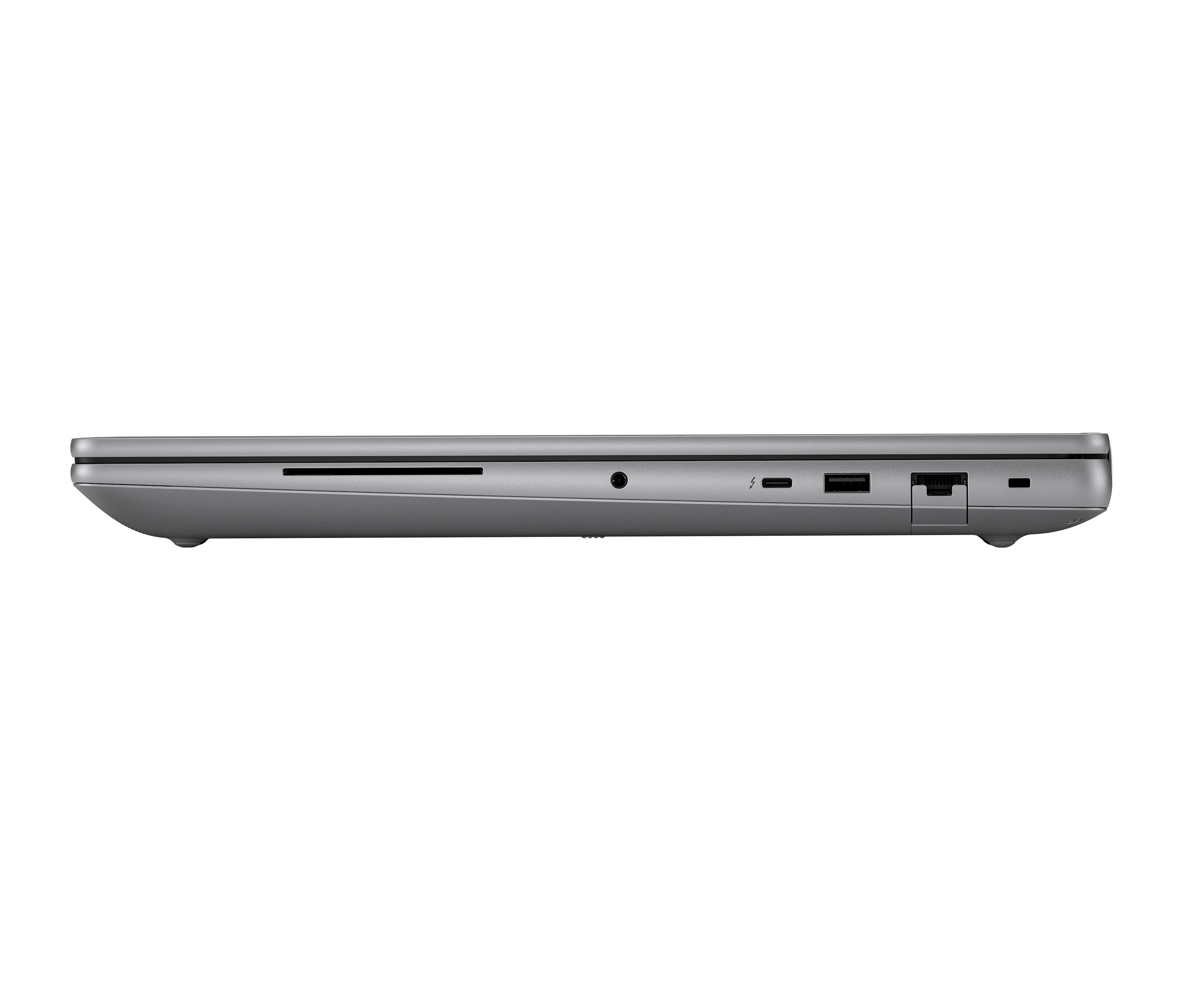 Seitenansicht eines Laptops mit Anschlüssen wie SD-Kartenleser, Kopfhörerbuchse, USB-C und USB-A.