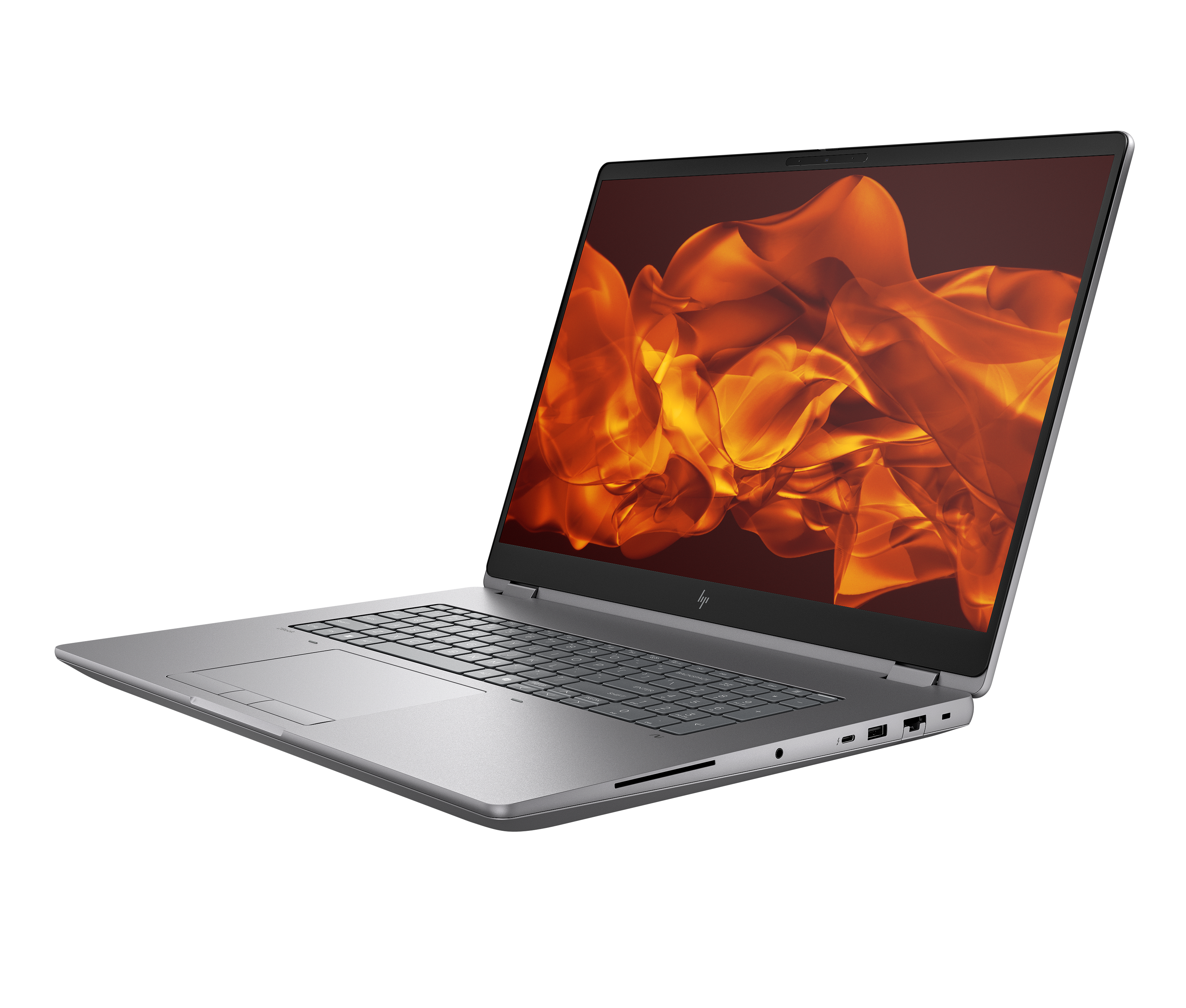Ein silberner Laptop mit einem orangen abstrakten Hintergrund auf dem Bildschirm.