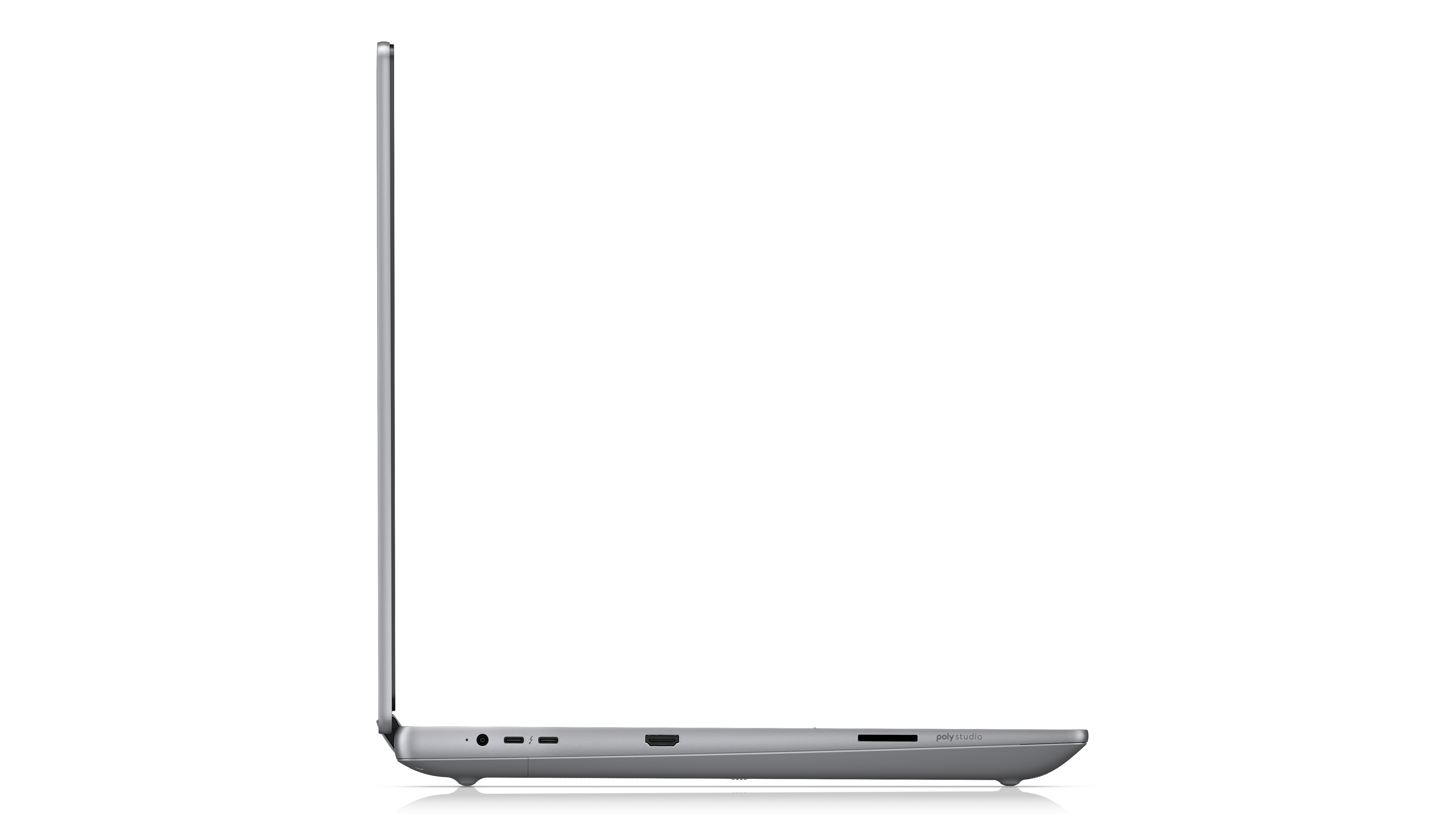 Silbernes Laptop mit Anschlüssen und "polystudio"-Logo, von der Seite gesehen.