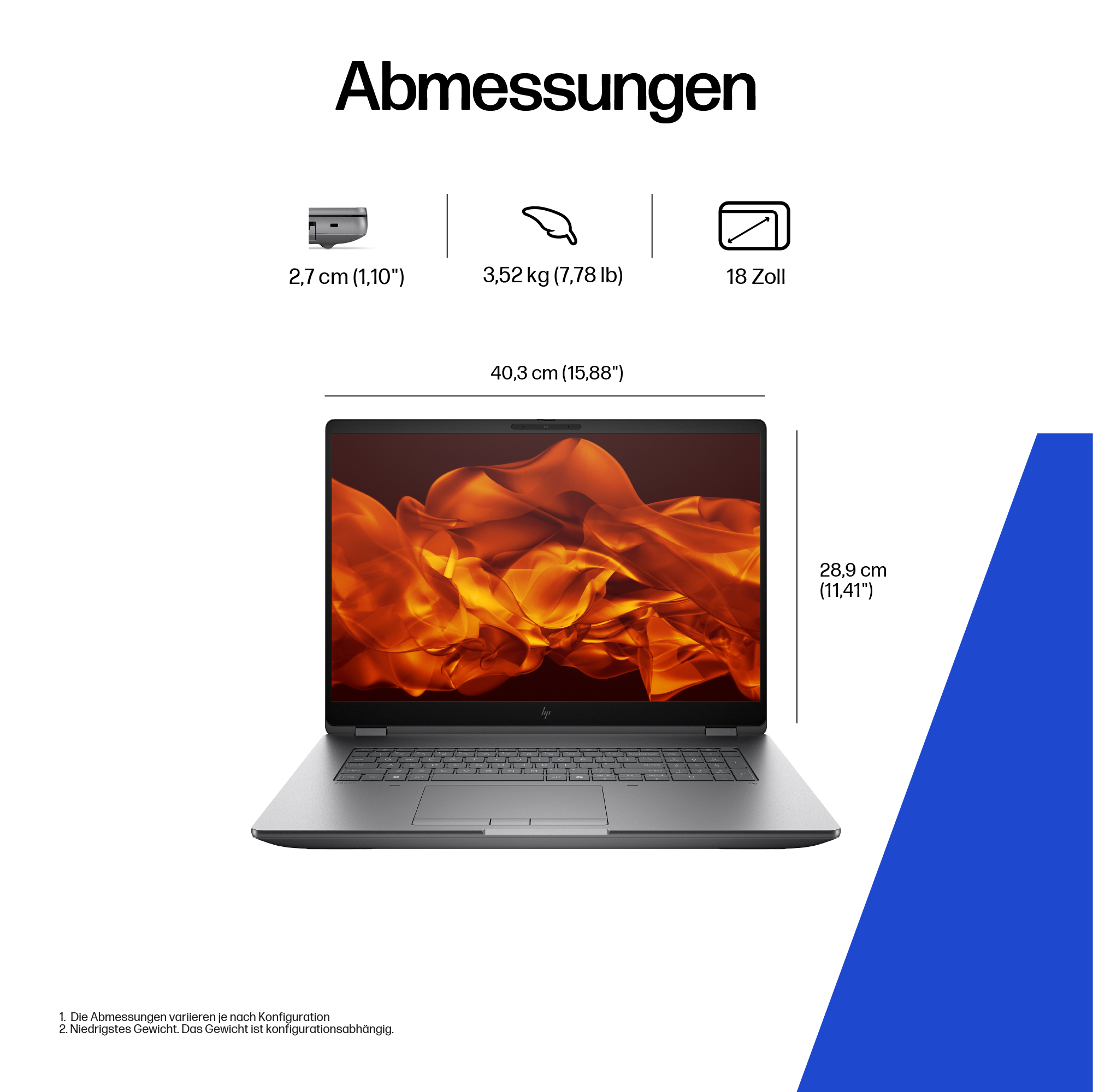 Ein Laptop mit den Maßen 40,3 cm Breite, 28,9 cm Höhe und 2,7 cm Dicke.