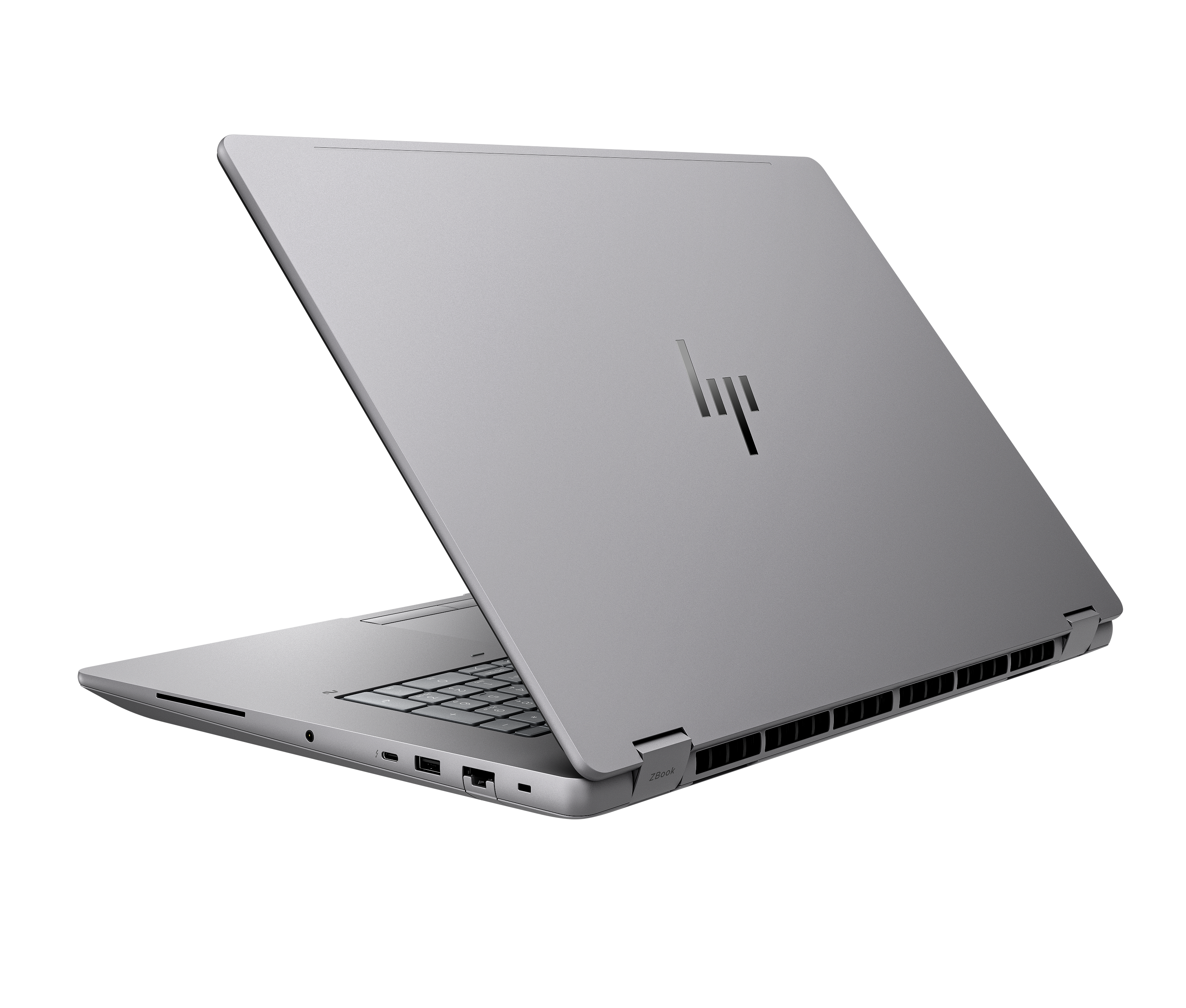 Ein graues HP Laptop mit aufgestelltem Bildschirm und Tastatur. Links sind Anschlüsse sichtbar.