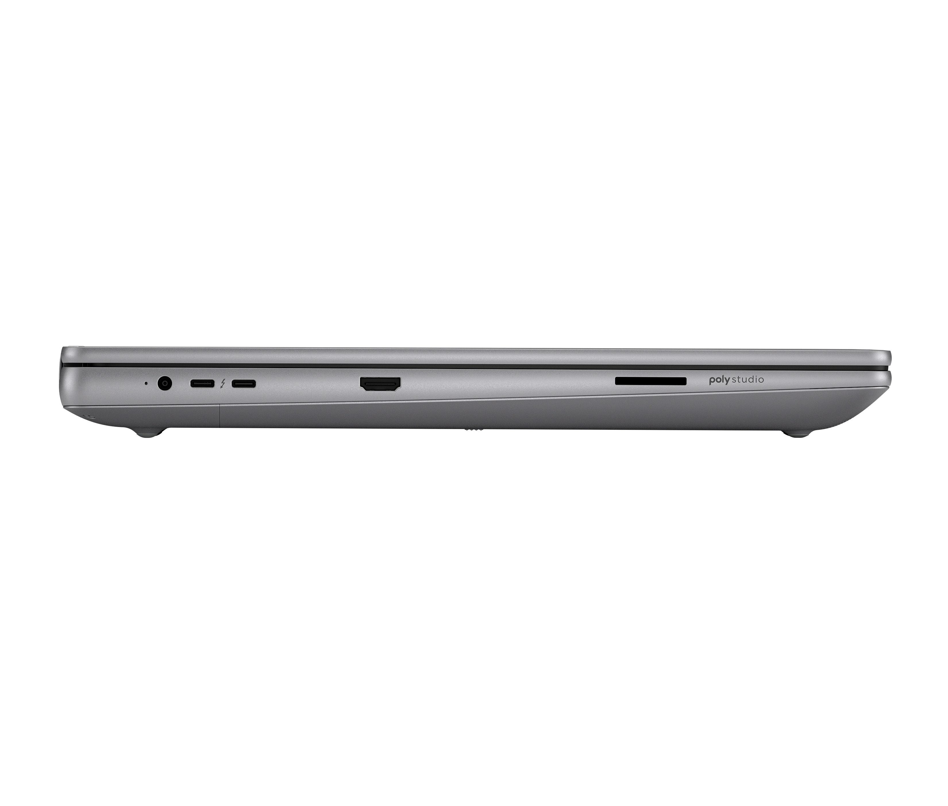 Graues Laptop mit Anschlüssen: Audio, Thunderbolt, HDMI und SD-Kartenleser.