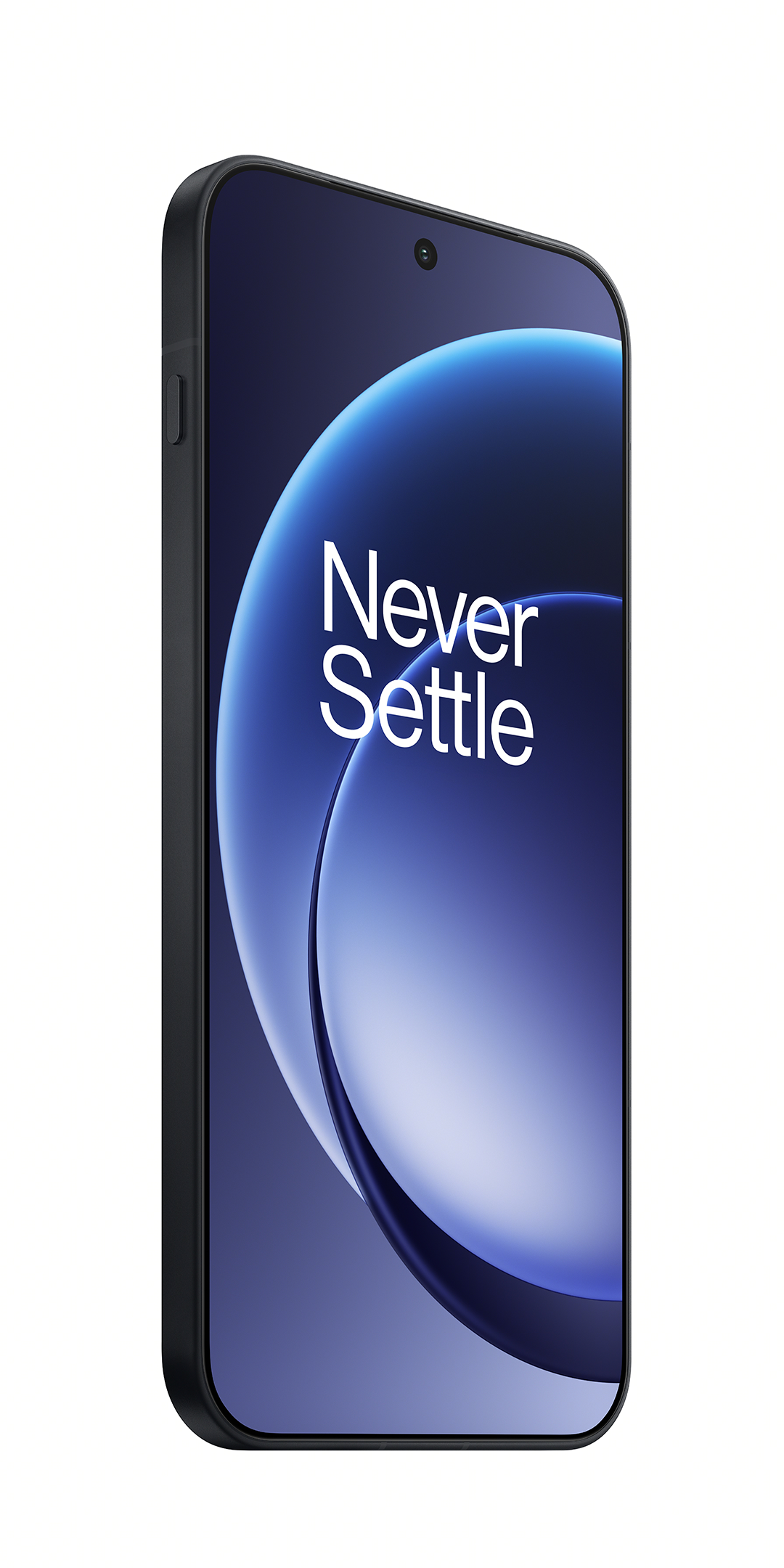 Fekete okostelefon kék kör alakú háttérrel és a „Never Settle” felirattal.