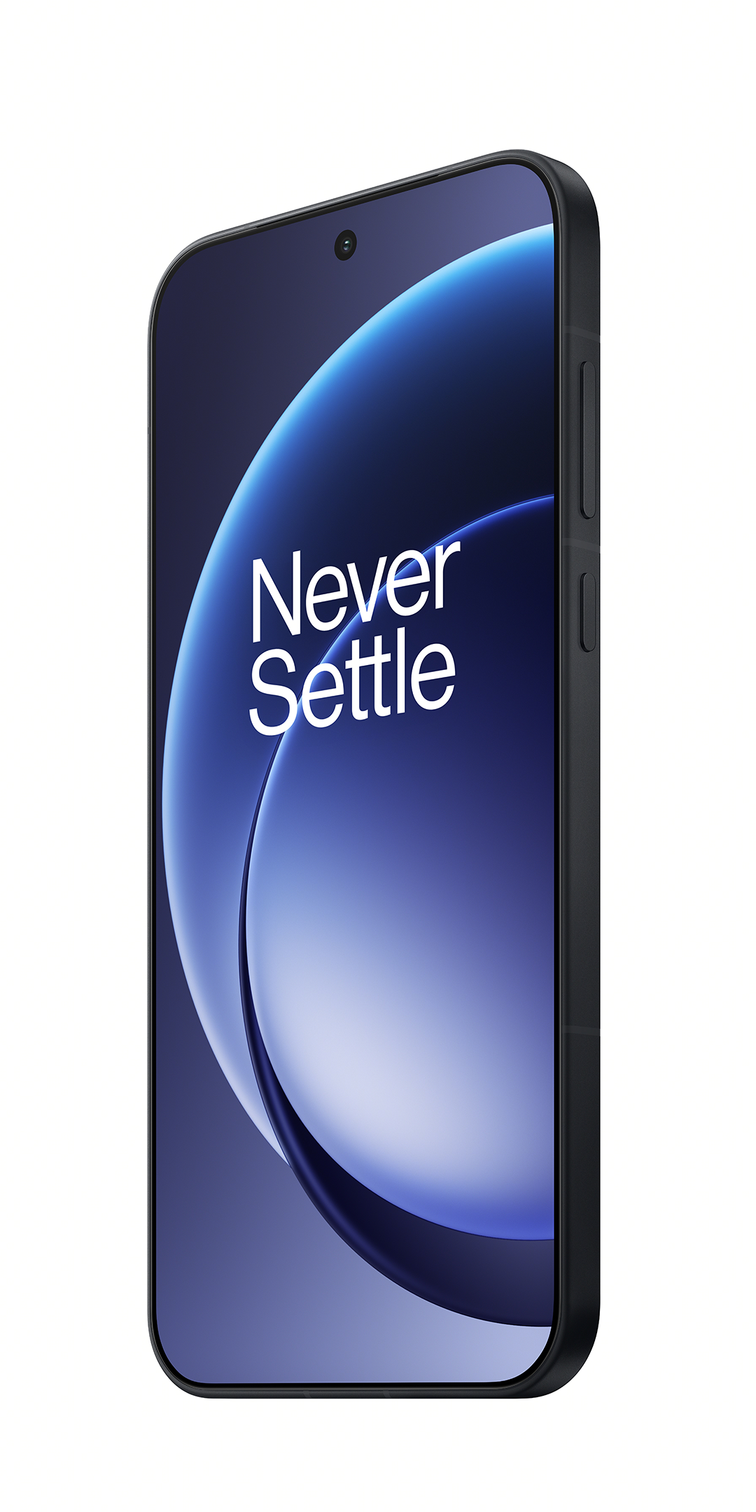 Fekete okostelefon „Never Settle” felirattal kék háttéren.