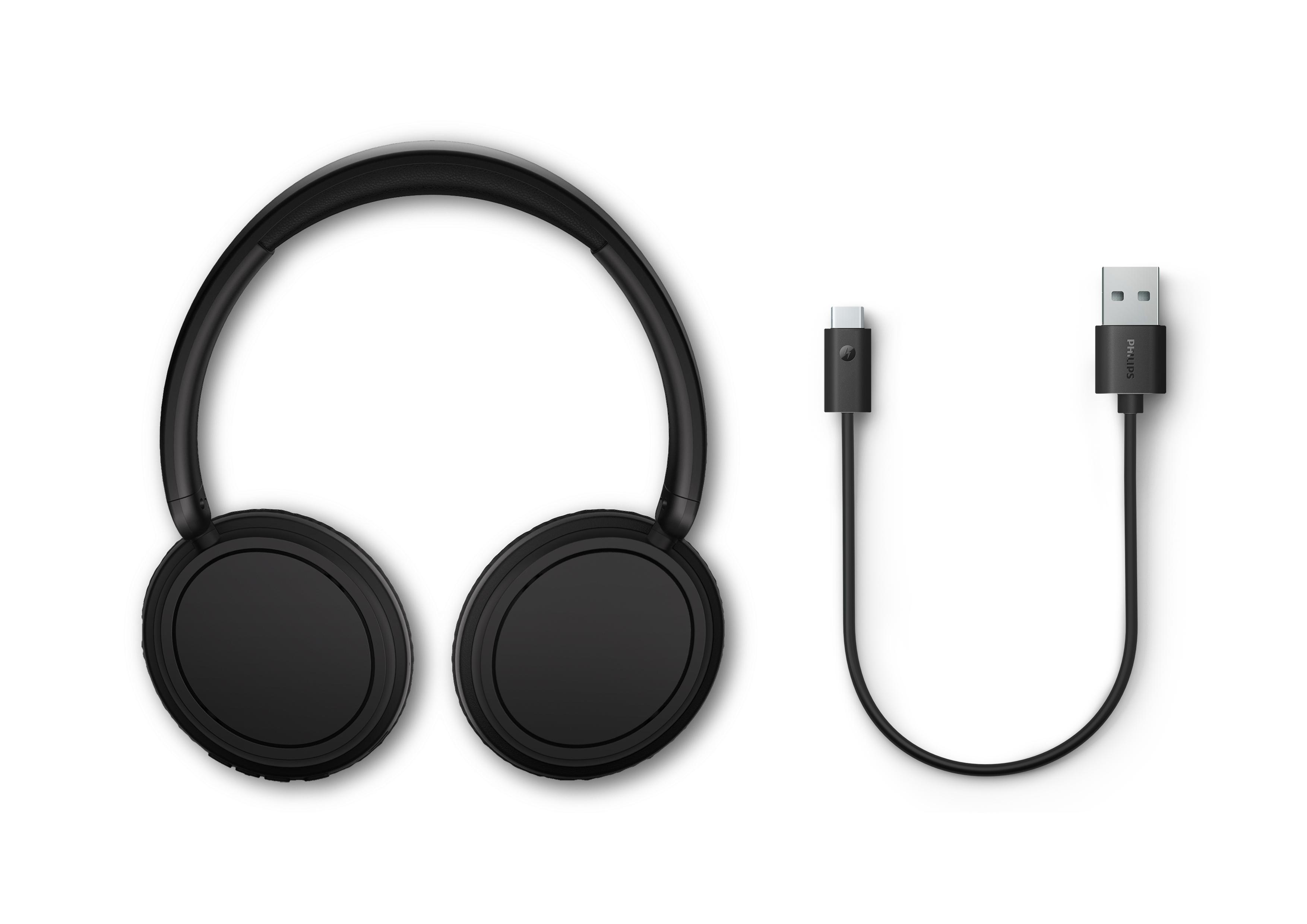 Schwarze Kopfhörer mit USB-C- und USB-A-Kabel auf weißem Hintergrund.
