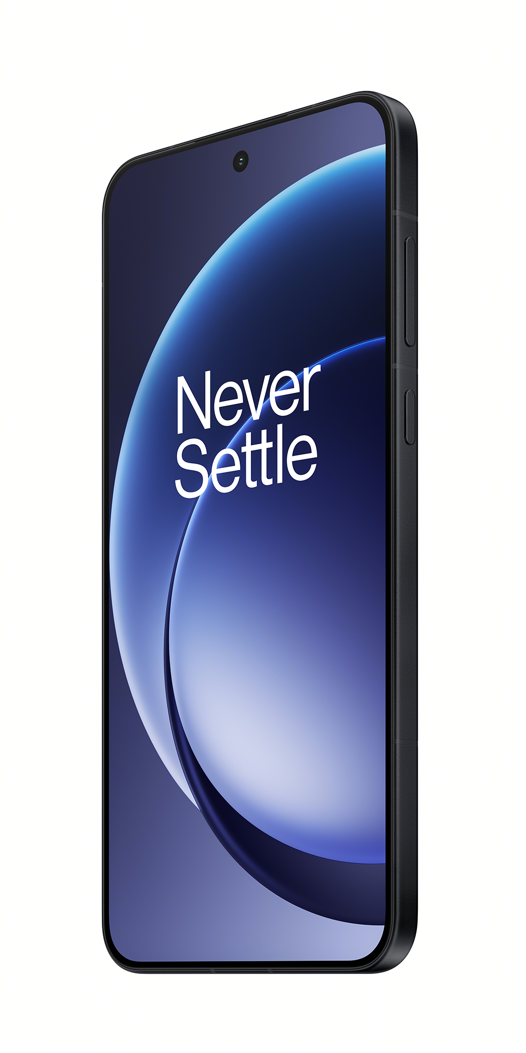 Egy fekete okostelefonon a „Never Settle” felirat látható kék színátmenetes háttéren.