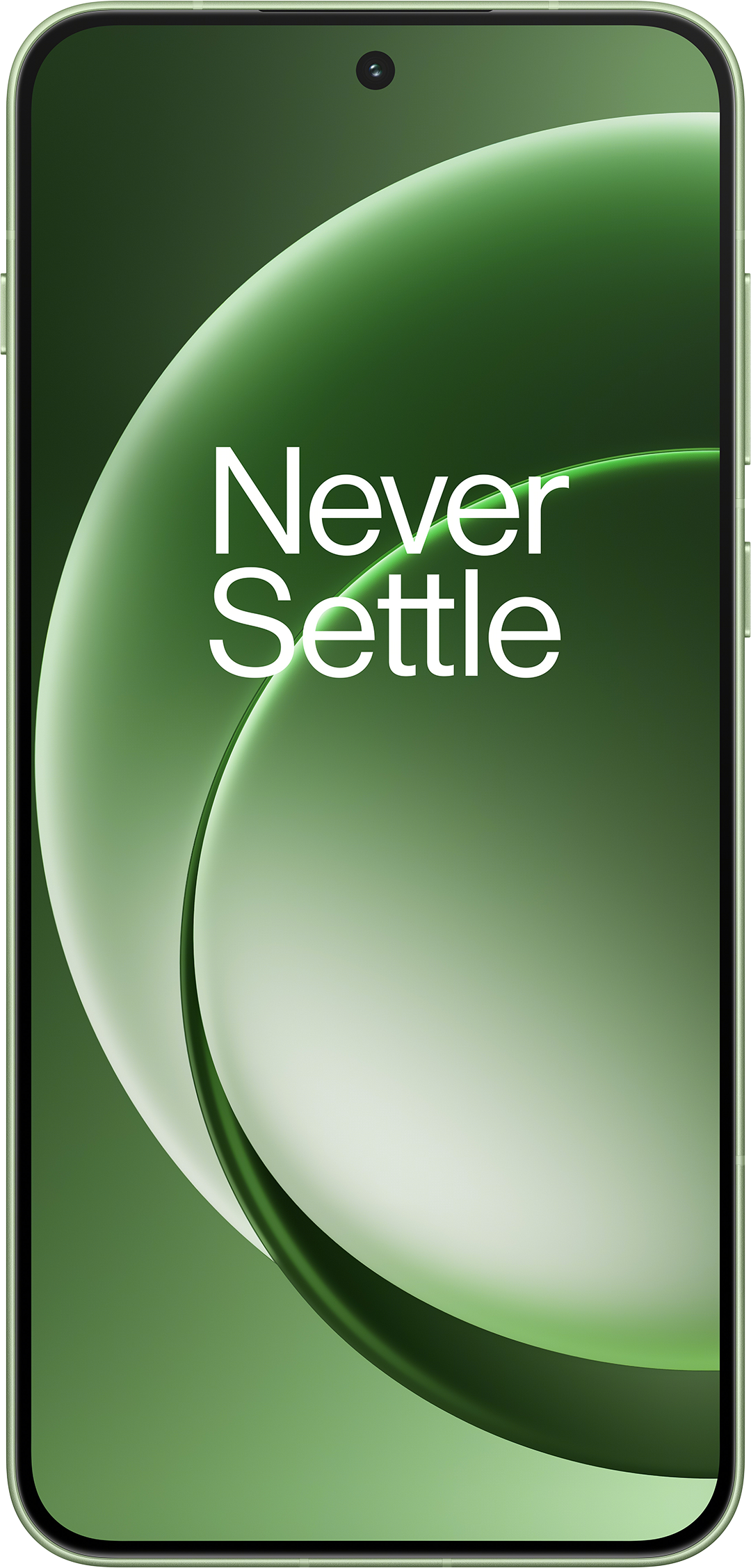 Zöld okostelefon, a képernyőn "Never Settle" felirat látható.