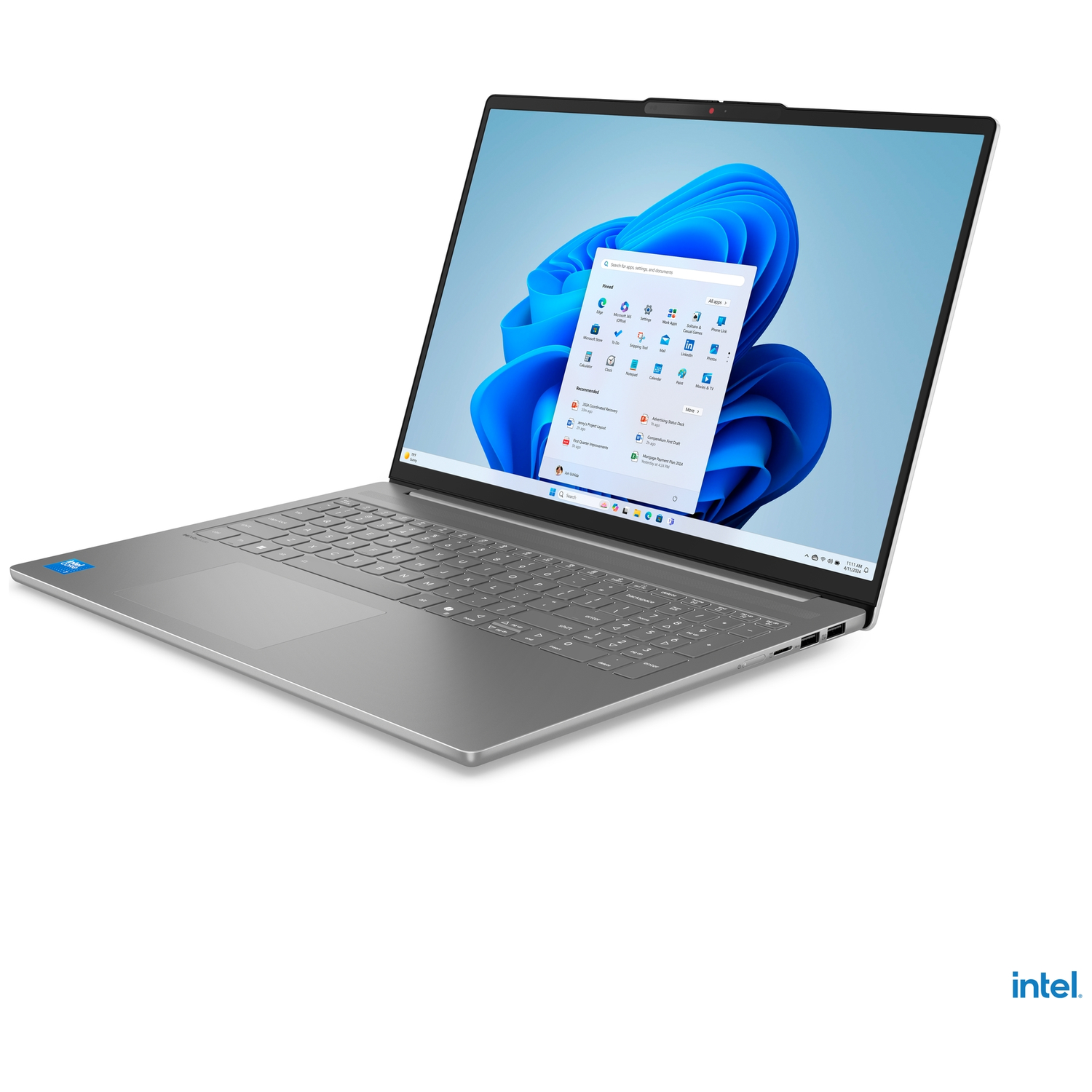 A silver laptop displaying Windows 11, with an Intel logo.