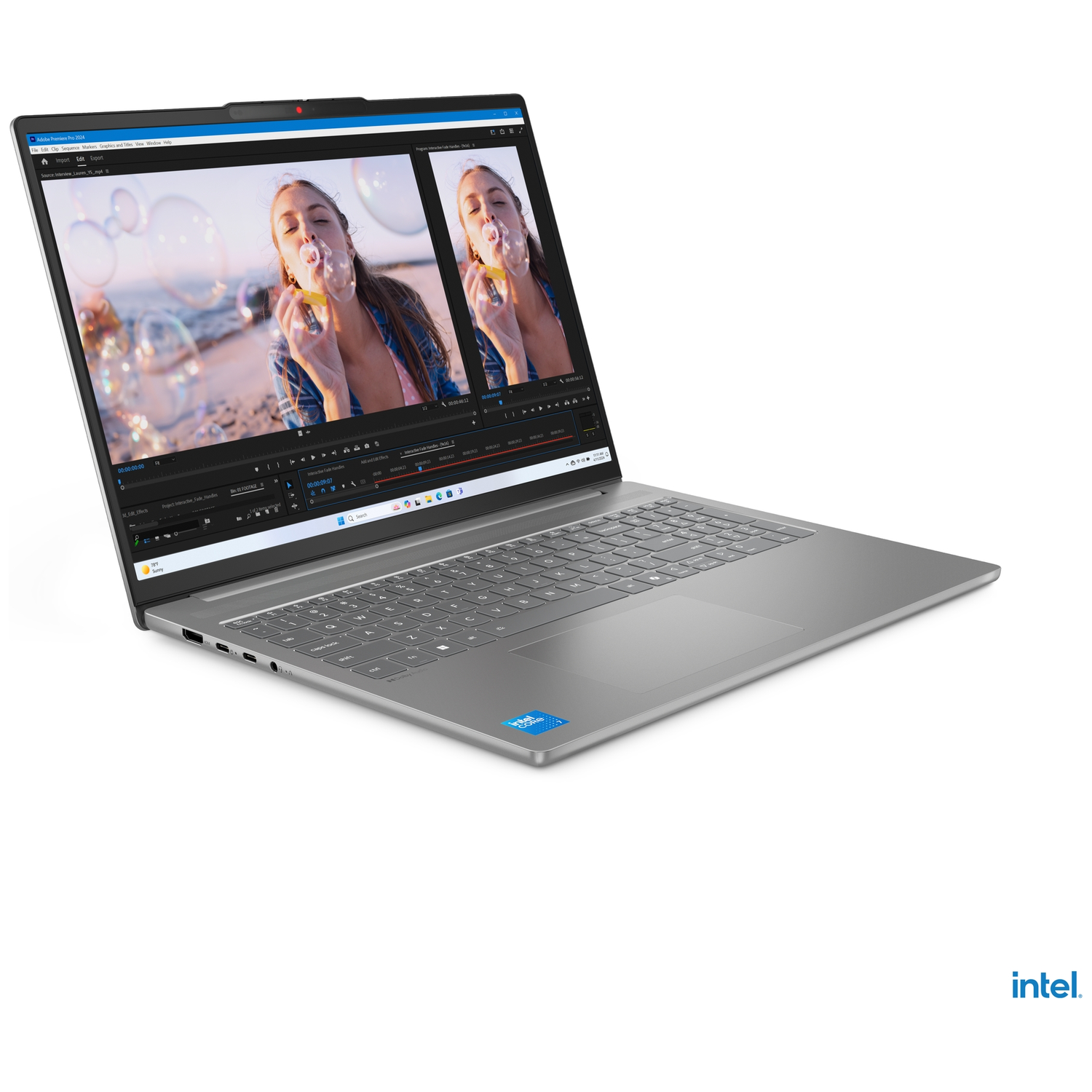 A laptop displays video editing software showing a woman blowing bubbles on a beach.
