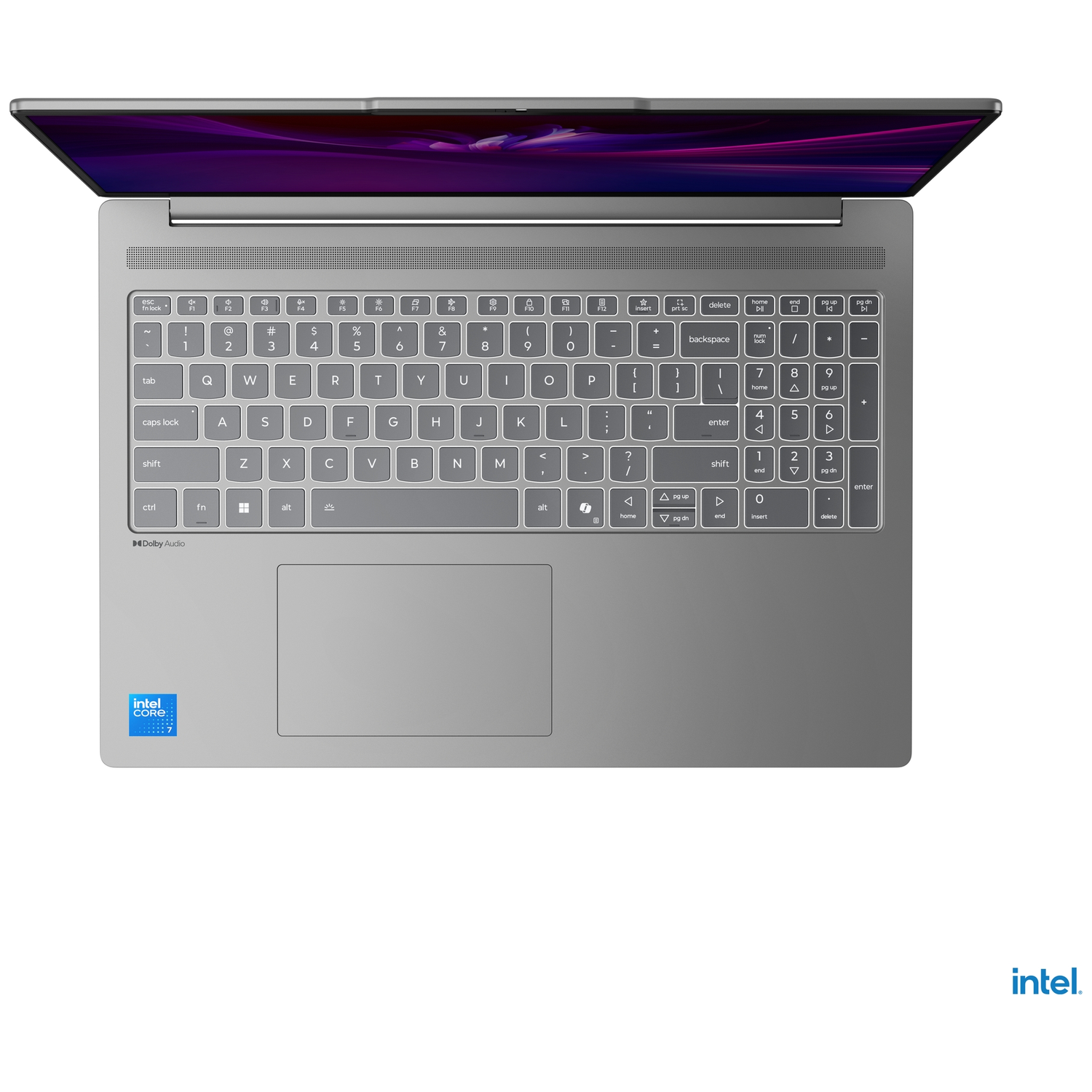A silver laptop with its screen open, showing the keyboard. Intel Core i7 logo.
