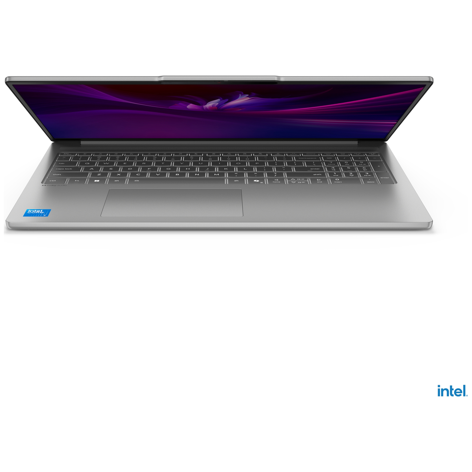 A silver laptop with its screen open, displaying a purple abstract image.