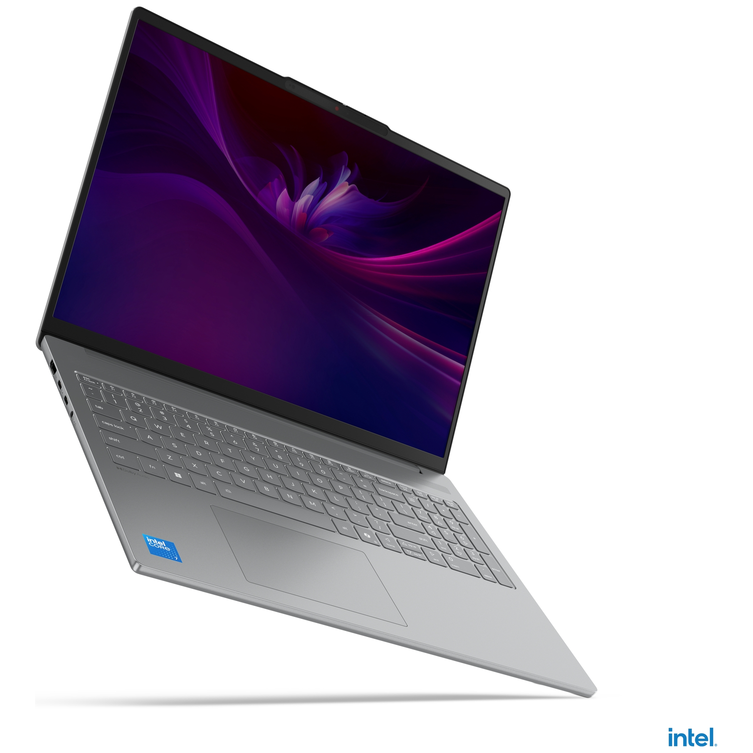 A silver laptop with a keyboard and Intel logo on a white background.