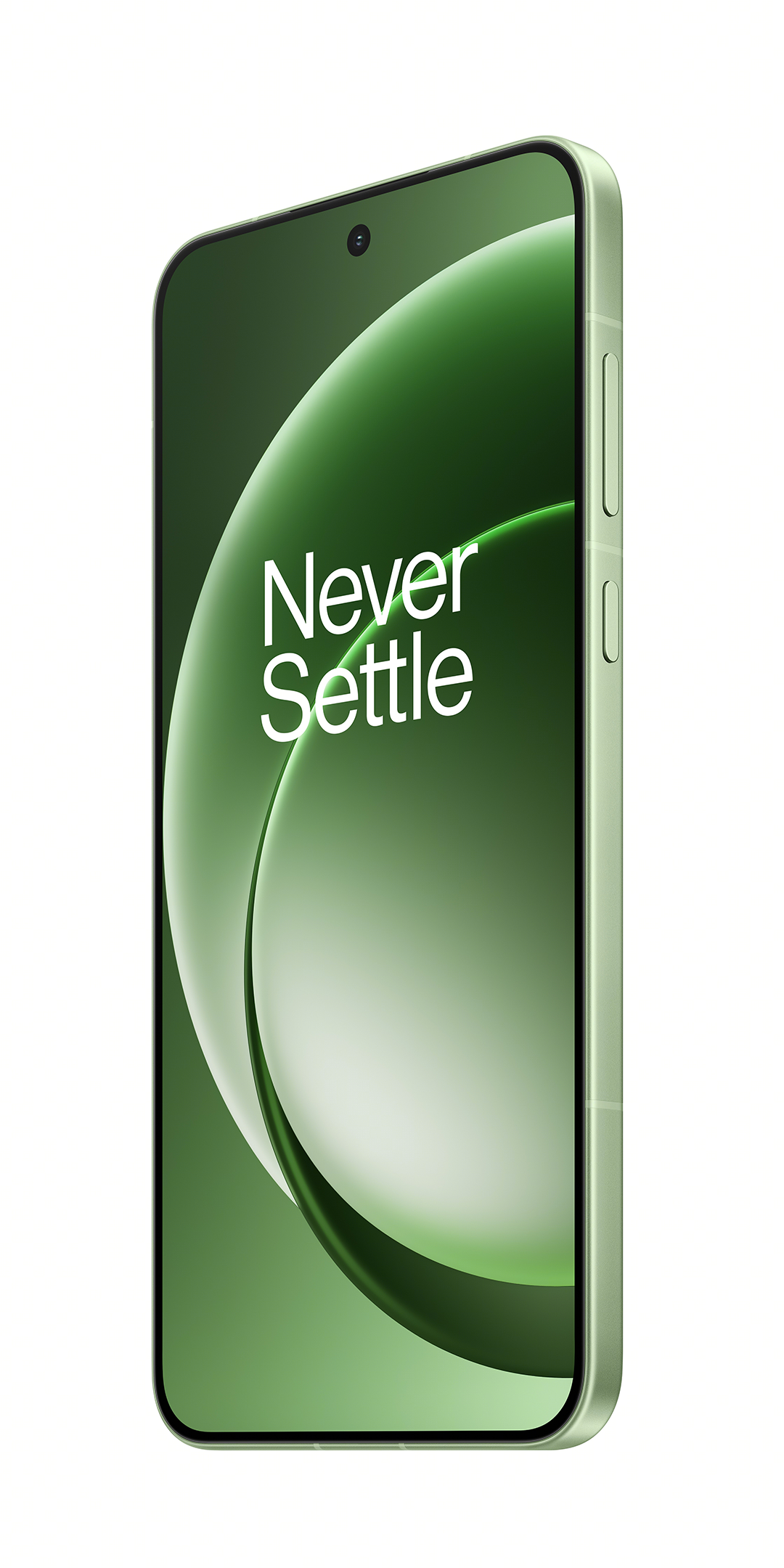 Világoszöld okostelefon „Never Settle” felirattal a képernyőn.