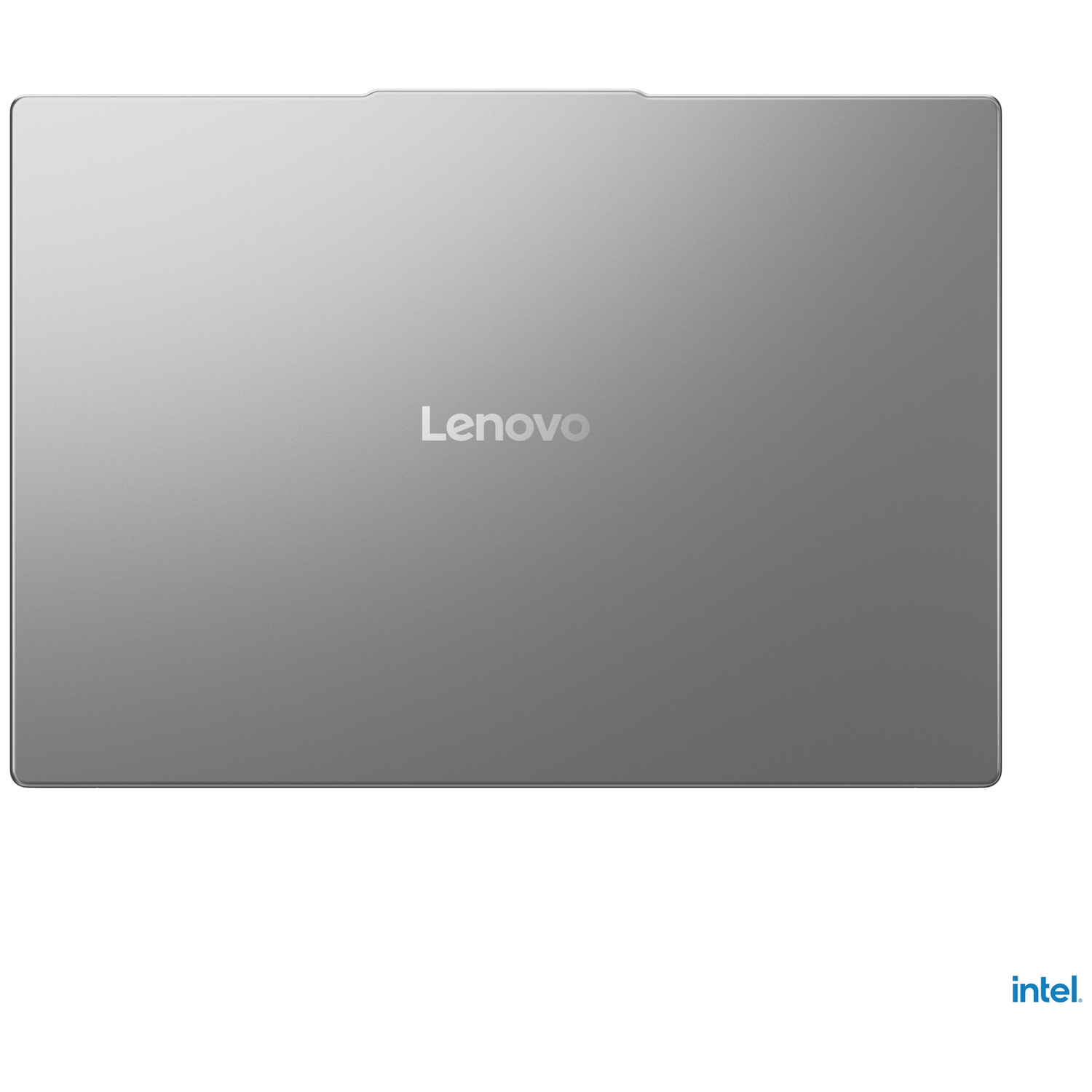 Closed silver Lenovo laptop with Intel logo in the bottom right.